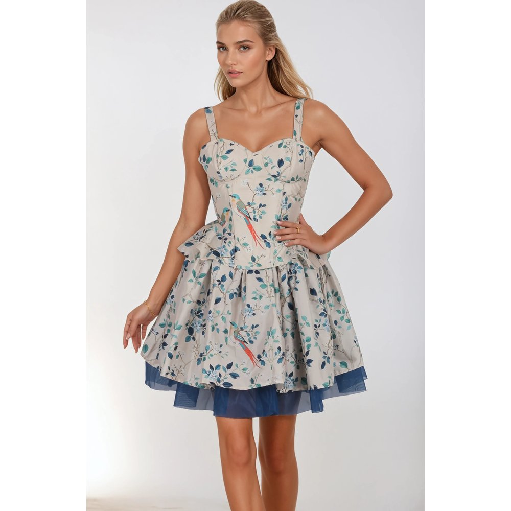 Attitude Corsets - Adrian Foliage Tropical Bird Corset Coord set - Cream/Blue